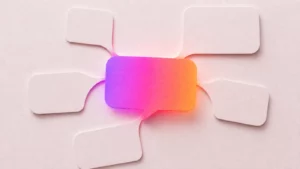 Five paper speech bubbles merging into one glowing gradient bubble