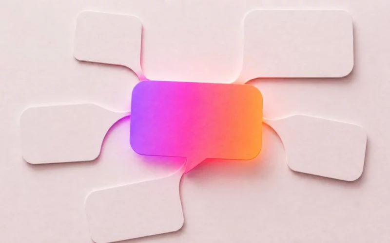 Five paper speech bubbles merging into one glowing gradient bubble